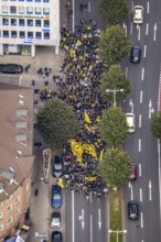 Aerial photo, BVB fans on their way to the BVB 09 football match in the City district of Dortmund,