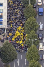 Aerial photo, BVB fans on their way to the BVB 09 football match in the City district of Dortmund,