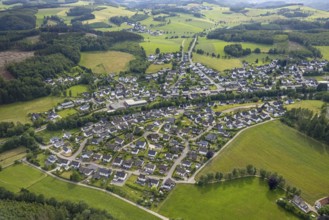 Aerial view, forest area with forest damage, local view Hützemert, Drolshagen, Sauerland, North