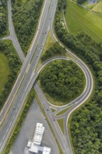 Aerial view, motorway junction Drolshagen, motorway A45 with petrol station and roundabout,