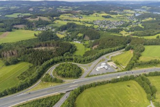 Aerial view, motorway junction Drolshagen, motorway A45 with petrol station and roundabout,