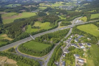 Aerial view, motorway junction Drolshagen, motorway A45 with petrol station and roundabout,