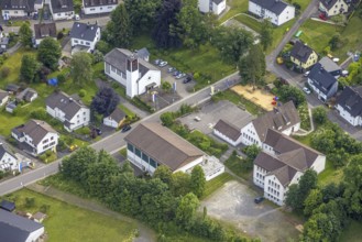 Aerial view, Catholic Church of the Nativity of the Virgin Mary and Primary School in Hützemert,