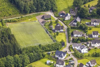 Aerial view, sports field in Schreibershof, Drolshagen, Sauerland, North Rhine-Westphalia, Germany,