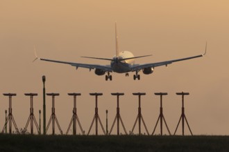 Boeing 737 jet aircraft of Ryanair airlines in flight landing at sunset at London Stansted airport,