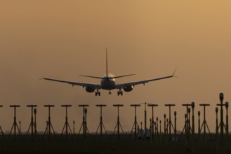 Boeing 737 jet aircraft of Ryanair airlines in flight landing at sunset at London Stansted airport,