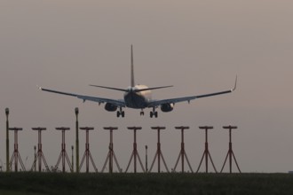 Boeing 737 jet aircraft of Ryanair airlines in flight landing at sunset at London Stansted airport,