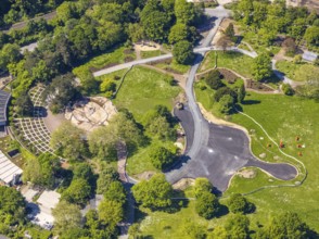 Aerial view, Westfalenpark administration, construction site, Ruhrallee, Dortmund, Ruhr area, North