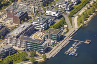 Aerial view, Phoenix Lake, boat landing stage, Hörde, Dortmund, Ruhr area, North Rhine-Westphalia,