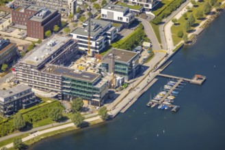 Aerial view, Phoenix Lake, boat landing stage, Hörde, Dortmund, Ruhr area, North Rhine-Westphalia,