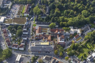 Aerial view, construction site and new building Lukas Deluxe at the catholic hospital Dortmund-West