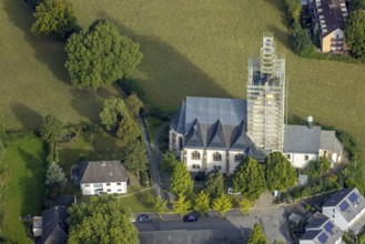Aerial view, renovation work on the steeple of St. Josef's Catholic Church in the Kirchlinde