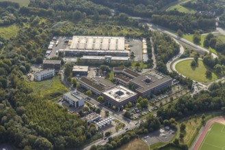 Aerial view, commercial area Revierstraße with Deutsche Post letter centre in the district