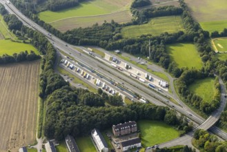 Aerial view, motorway A45 rest area Westerfilde and rest area Kirchlinde in the district