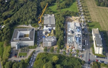 Aerial view, construction site and new construction for an office quarter on Sebrathweg in the