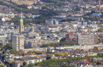 City centre view with St. Marien Evangelical Church and St. Reinoldi Church in the City district in