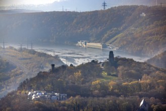 Aerial view, autumnal forest at Hohensyburg with Kaiser-Wilhelm monument and Vincketurm as well as