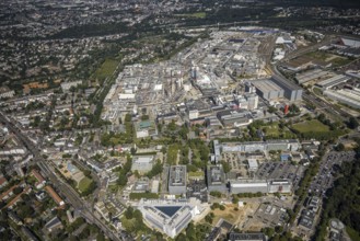 Aerial view, Henkel AG chemical plant with the triangular building Henkel Z55 Adhesive Innovation