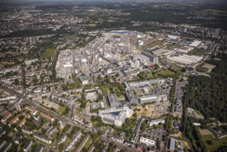 Aerial view, Henkel AG chemical plant with the triangular building Henkel Z55 Adhesive Innovation