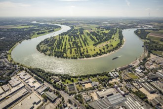 Aerial view, river Rhine Rhine bend with meadows and fields Zonser Grind and camping site