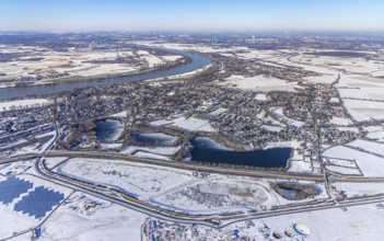 Aerial view, winter landscape at Düsseldorf Airport with river Rhine and Lambertus Lake, Fliedner