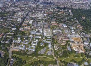 Aerial view, construction site and new building at the University Hospital Düsseldorf in the