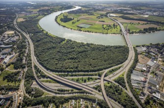 Aerial view, Üdesheimer Rheinbogen and motorway A46 exit Bilk as well as Fleher bridge and Fleher