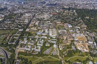 Aerial view, construction site and new building at the University Hospital Düsseldorf in the
