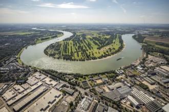 Aerial view, river Rhine Rhine bend with meadows and fields Zonser Grind and camping site
