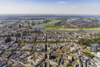 Aerial view, Düsseldorfer Kö Königsallee shopping district and St. John's Church and Media Harbour