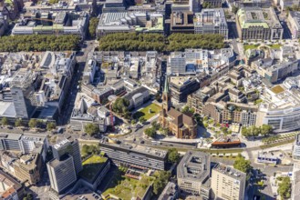 Aerial view, Düsseldorf Kö Königsallee shopping district and St. John's Church with
