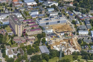 Aerial view, construction site and new building at the University Hospital Düsseldorf in the
