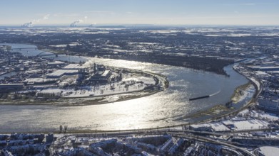 Aerial view, Rhine bend at the harbour, Lausward power station, harbour, Düsseldorf, Rhineland,