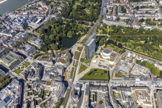 Aerial view, Dreischeibenhaus and Düsseldorfer Schauspielhaus as well as Kö Bogen II with hornbeam