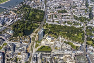 Aerial view, Dreischeibenhaus and Düsseldorfer Schauspielhaus as well as Kö Bogen II with hornbeam