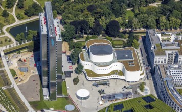 Aerial view, Dreischeibenhaus and Düsseldorfer Schauspielhaus in city centre, Düsseldorf,