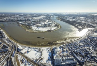 Aerial view, Rhine bend at the harbour, Lausward power station, harbour, Düsseldorf, Rhineland,