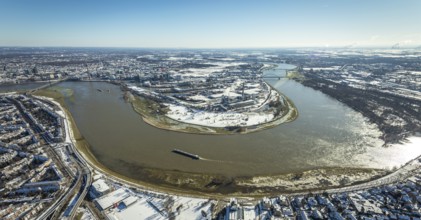 Aerial view, Rhine bend at the harbour, Lausward power station, harbour, Düsseldorf, Rhineland,