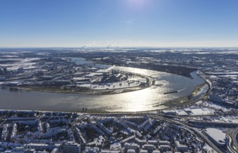 Aerial view, Rhine bend at the harbour, Lausward power station, harbour, Düsseldorf, Rhineland,