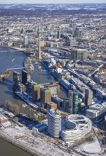 Aerial view, media harbour with Rhine Tower, harbour, Düsseldorf, Rhineland, North