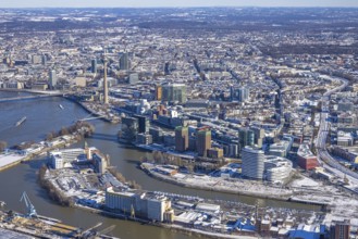 Aerial view, media harbour with Rhine Tower, harbour, Düsseldorf, Rhineland, North