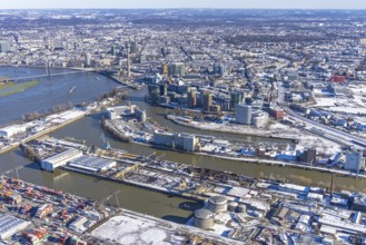 Aerial view, media harbour with Rhine Tower, harbour, Düsseldorf, Rhineland, North