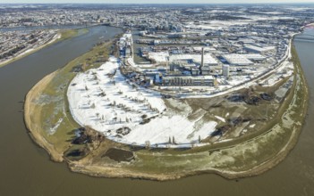 Aerial view, Rhine bend at the harbour, Lausward power station, harbour, Düsseldorf, Rhineland,