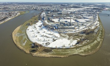Aerial view, Rhine bend at the harbour, Lausward power station, harbour, Düsseldorf, Rhineland,