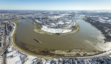 Aerial view, Rhine bend at the harbour, Lausward power station, harbour, Düsseldorf, Rhineland,