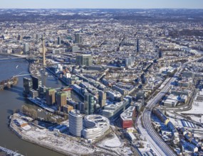 Aerial view, media harbour with Rhine Tower, harbour, Düsseldorf, Rhineland, North