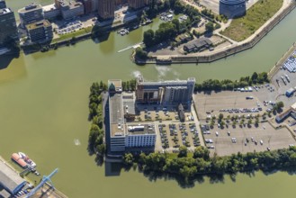 Aerial view, Plange Mühle conversion for a clinic in the media harbour in the harbour in