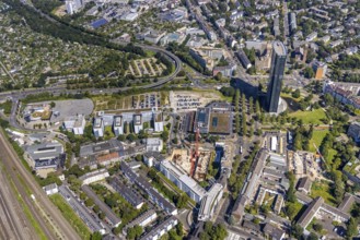 Aerial view, construction site and new UpperNord Tower on Mercedesstraße and ARAG high-rise