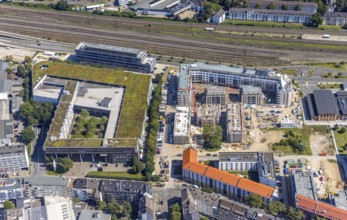 Aerial view, construction site and new building at the campus of the Düsseldorf University of
