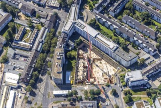 Aerial view, construction site and new building UpperNord Tower on Mercedesstraße in the Düsseltal